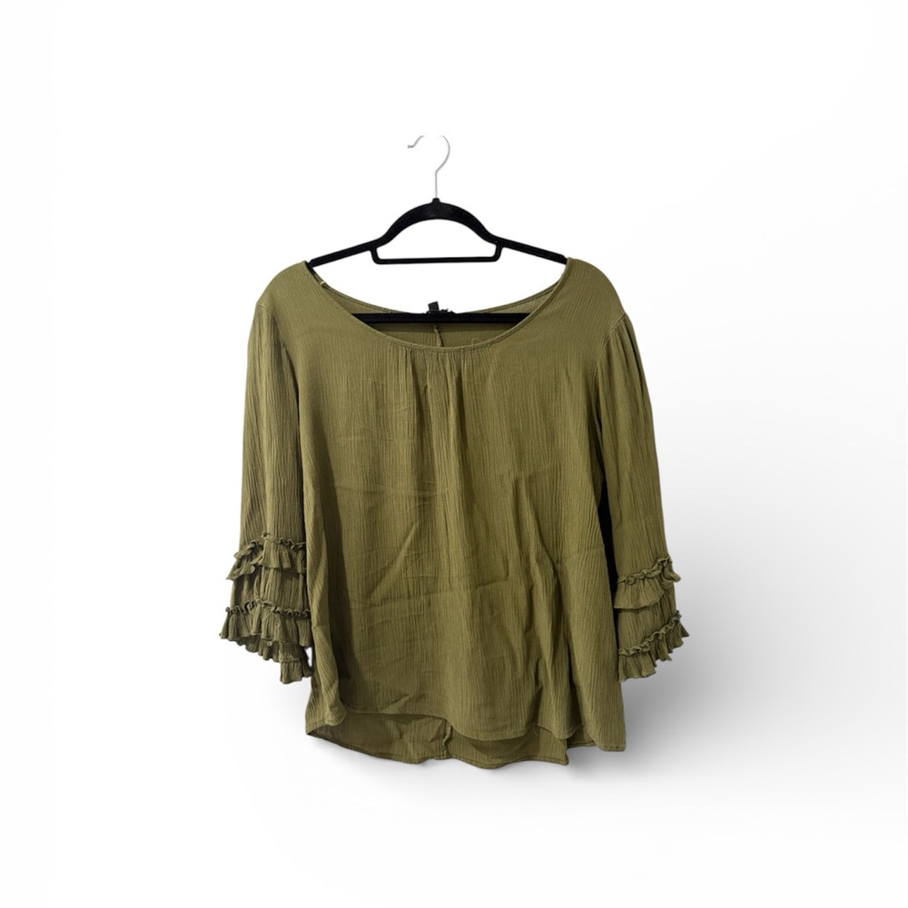 Elegant Olive Blouse with Ruffle Mid Length Details Sleeves
